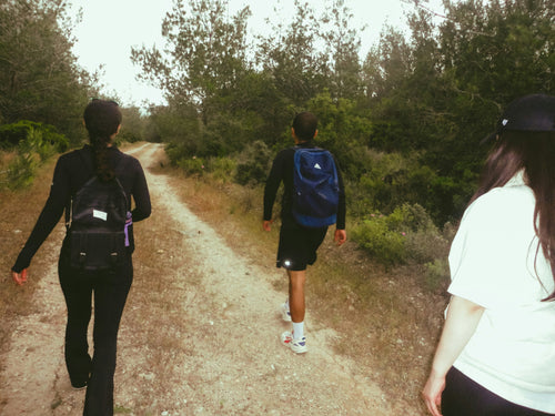 Three people walking along a wooded trail